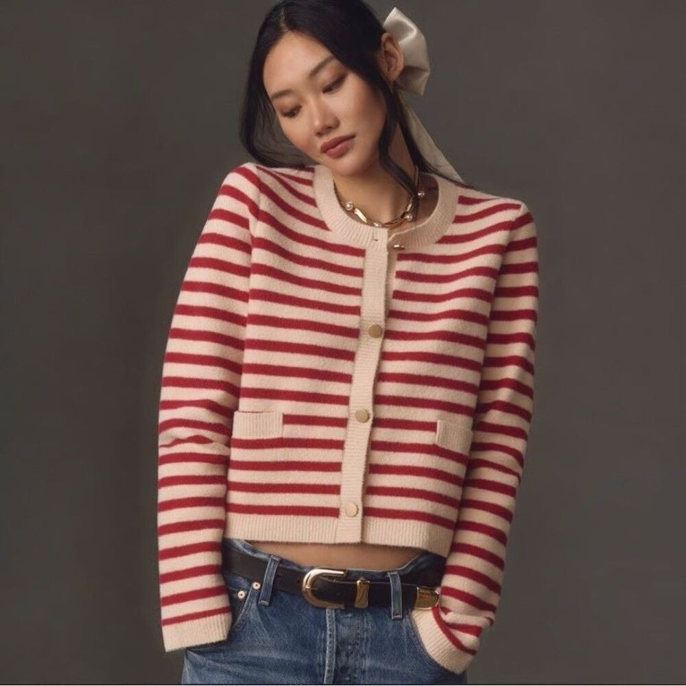 Anthropologie x NVLT Striped Knit Sweater Fisherman Coastal Cardigan Cozy Size S